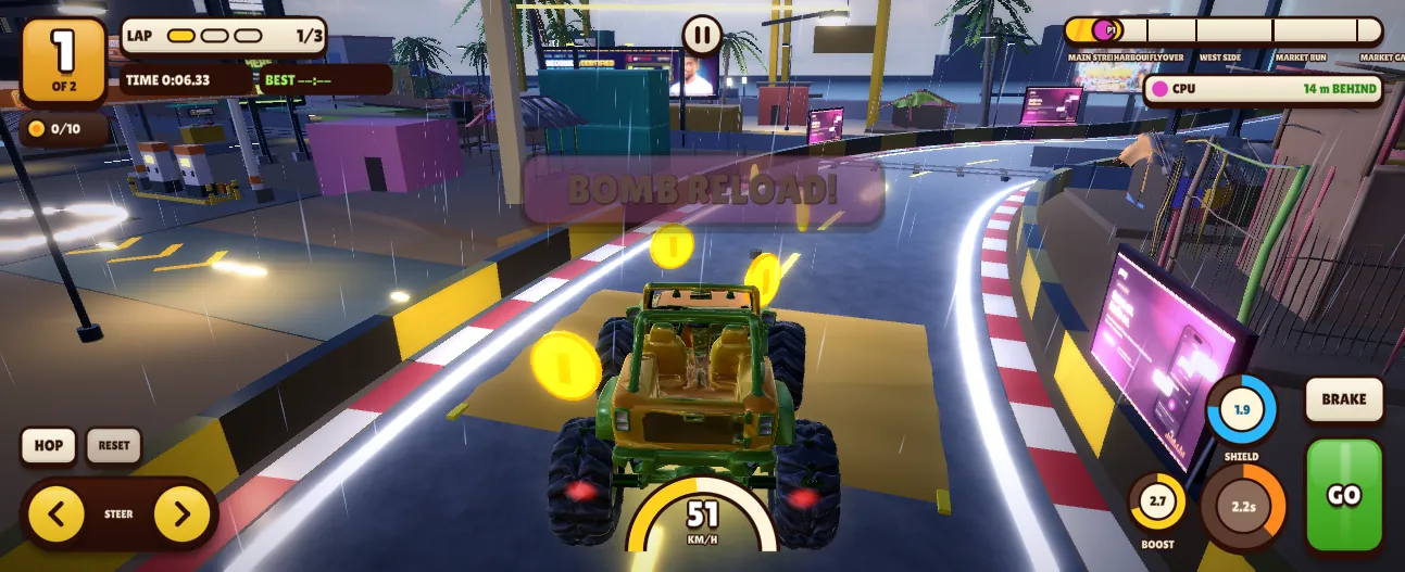Racing the Mango Monster Truck through the rain, coins ahead